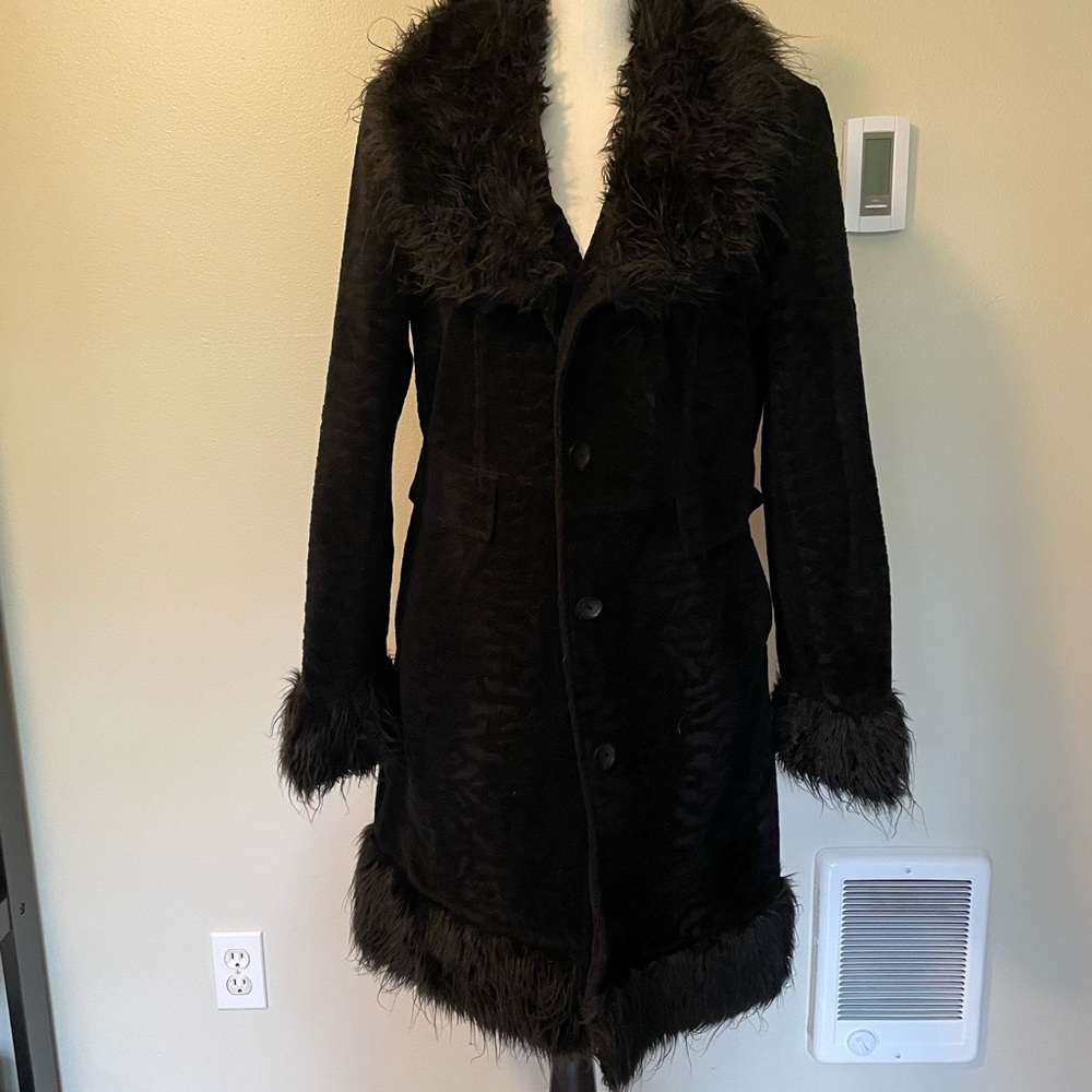 Black faux fur trench coat